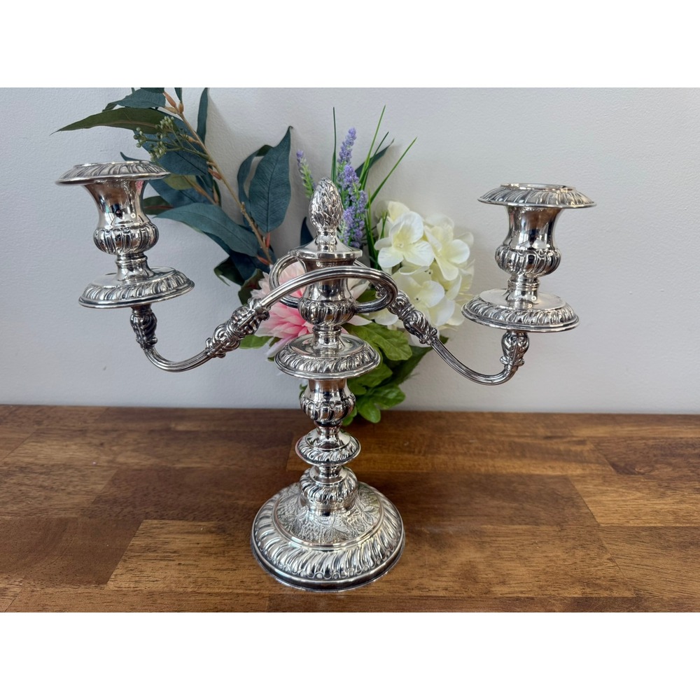 Vintage English Silver Plated Three Arm Candelabra‎ Convertible Candle Holder